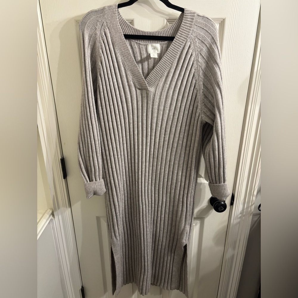 H&M Taupe Ribbed V-Neck Sweater Dress